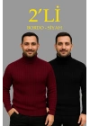 Erkek Fitilli Triko Kazak 2li Set Bordo Siyah Regular Balıkcı Yaka Tam Boğazlı Triko Seti Modeli Kazak