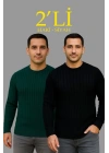 Erkek Fitilli Triko Kazak 2’li Set Siyah Haki Kalın Dokuma Pamuklu Regular Fit Bisiklet