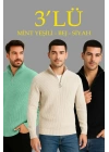 Erkek Fitilli Triko Kazak 3’lü Set – Mint Yeşili, Siyah, Bej Kalın Dokuma Pamuklu Regular Fit V Yaka Fermuarlı Uzun Kollu Rahat Kışlık Kazak Kombini