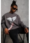 Erkek Güvercin Baskılı Sweatshirt - Gri