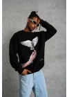 Erkek Güvercin Baskılı Sweatshirt - Siyah