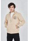 Erkek Kapüşonlu Baskılı Fermuarlı Hırka - Bej