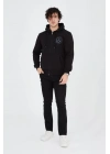 Erkek Kapüşonlu Baskılı Fermuarlı Hırka - Siyah