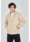 Erkek Kapüşonlu Düz Fermuarlı Hırka - Bej