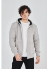 Erkek Kapüşonlu Düz Fermuarlı Hırka - Boyalı Gri