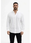 Erkek KETEN Kumaş Oversize Uzun Kollu Rahat Kalıp Gömlek - Beyaz