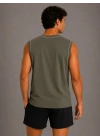 Erkek Kontrast Biyeli Kolsuz Atlet Bisiklet Yaka Yazlık Basic Atlet - Haki