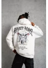 Erkek Kordon İpli Baskılı Kapüşonlu Sweatshirt - Beyaz