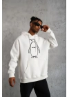 Erkek Nihilist Penguen Özel Tasarım Oversize Kapüşonlu Sweatshirt - Beyaz