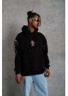 Erkek Oversize Üç İplik Kapüşonlu Sweatshirt – Siyah “Don’t Be Terrified” Ön, Sırt Ve Kol Baskılı, Kanguru Cepli, Ribanalı Rahat Model- Siyah