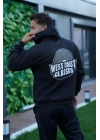 Erkek Oversize Üç İplik Kapüşonlu Sweatshirt – Siyah Sırt Ve Ön Baskılı, Kanguru Cepli, Rahat Kalıp, İçi Pamuklu ModeL-Siyah