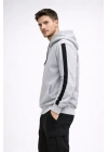 Erkek Şeritli Kapüşonlu Sweatshirt Oversize 3 Iplik Pamuklu - Beyaz