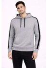 Erkek Şeritli Kapüşonlu Sweatshirt Oversize 3 Iplik Pamuklu - Gri