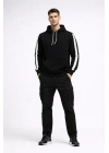 Erkek Şeritli Kapüşonlu Sweatshirt Oversize 3 Iplik Pamuklu - Siyah