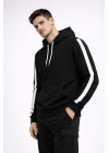 Erkek Şeritli Kapüşonlu Sweatshirt Oversize 3 Iplik Pamuklu - Siyah