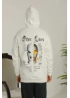 Erkek Sırt Baskılı Oversize Üç İplik Kapüşonlu Sweatshirt - Beyaz