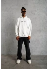 Erkek Sırt Baskılı Oversize Üç İplik Kapüşonlu Sweatshirt - Beyaz