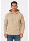 Erkek Üç İplik Kapüşonlu Tam Fermuarlı Kanguru Çepli SweatShirt Hoodie - Bej