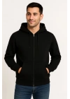 Erkek Üç İplik Kapüşonlu Tam Fermuarlı Kanguru Çepli SweatShirt Hoodie - Siyah