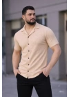 Erkek Waffle Kumaş Kısa Kollu Düğmeli Açık Yaka Regular Fit Gömlek - Bej