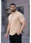 Erkek Waffle Kumaş Kısa Kollu Düğmeli Açık Yaka Regular Fit Gömlek - Bej