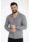 Erkek Waffle Kumaş Uzun Kollu Düğmeli Açık Yaka Regular Fit Gömlek - Füme