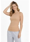 Fitilli Atlet Sıfır Yaka Slim Fit Arka Baskılı Spor Atlet - Bej