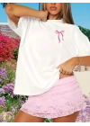 Fiyonk Baskılı Oversize Bisiklet Yaka T-shirt - Beyaz