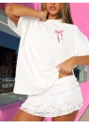 Fiyonk Baskılı Oversize Bisiklet Yaka T-shirt - Beyaz