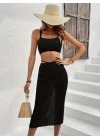 Kadın Askılı Crop Bel Detaylı Derin Yırtmaçlı Etek Triko Ikili Takım