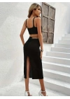 Kadın Askılı Crop Bel Detaylı Derin Yırtmaçlı Etek Triko Ikili Takım