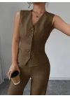 Kadın Askılı önden Düğmeli Bluz Ve Pantolon Keten Ikili Takım
