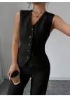 Kadın Askılı önden Düğmeli Bluz Ve Pantolon Keten Ikili Takım