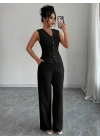 Kadın Askılı önden Düğmeli Bluz Ve Pantolon Keten Ikili Takım