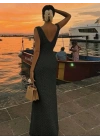 Kadın Askılı V Yakalı Uzun Triko Elbise
