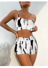 Kadın Büzgü Detay Askılı Crop Mini Tayt Ikili Takım