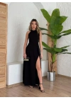 Kadın Halter Yaka Derin Yırtmaç Detaylı Tam Boy Ithal Krep Abiye Elbise