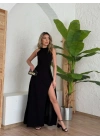 Kadın Halter Yaka Derin Yırtmaç Detaylı Tam Boy Ithal Krep Abiye Elbise