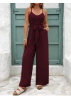 Kadın Ip Askılı V Yakalı Belden Kuşaklı Uzun Aerobin Tulum