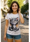 Kadın Kısa Kollu Bisiklet Yaka Kedi Baskılı Süprem Bluz