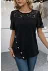 Kadın Kısa Kollu Dantel Detaylı Yandan Düğmeli Waffle Bluz