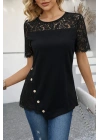 Kadın Kısa Kollu Dantel Detaylı Yandan Düğmeli Waffle Bluz