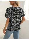 Kadın Kısa Kollu Kolları Volanlı Baskılı Süprem Bluz