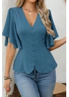 Kadın Kısa Kollu önden Düğmeli Ithal Krep Bluz