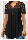Kadın Kısa Kollu V Dantel Yakalı Düğmeli Viskon Bluz
