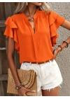 Kadın Kısa Kollu V Hakim Yaka Kolları Fırfırlı Dubai Bluz