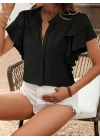 Kadın Kısa Kollu V Hakim Yaka Kolları Fırfırlı Dubai Bluz