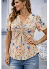 Kadın Kısa Kollu V Sarmal Yakalı çiçek Desenli Süprem Bluz