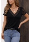 Kadın Kısa Kollu V Yakalı Dantelli Viskon Bluz
