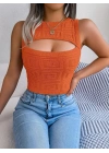 Kadın Kolsuz Bisiklet Yaka Güpüs Dekolteli Triko Crop Bluz